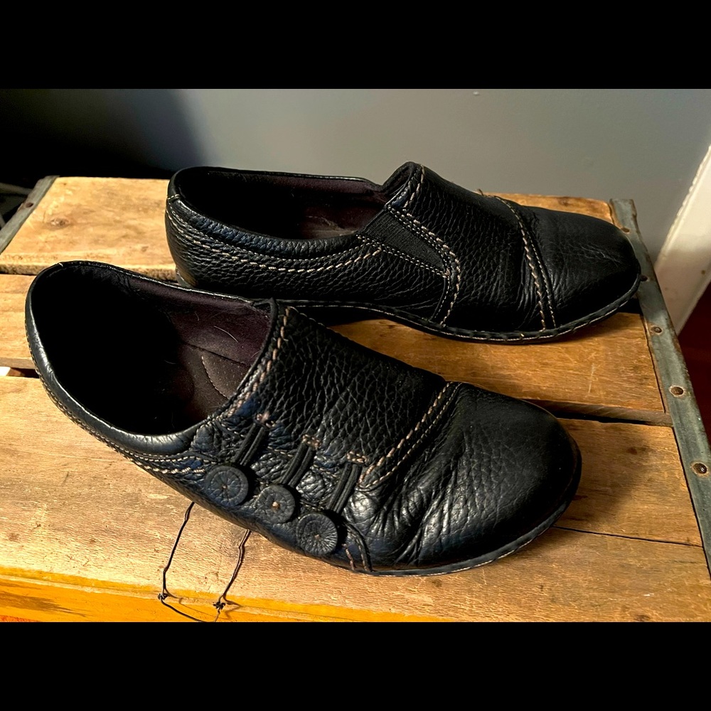Clarks black leather slip-on shoes